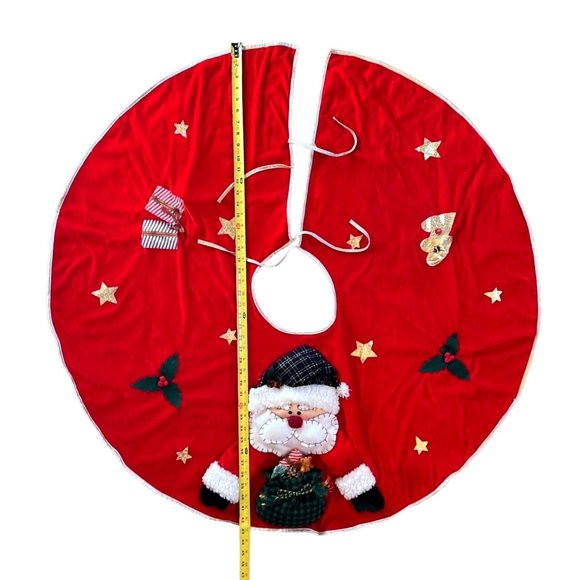 Vtg Retro Christmas Tree Skirt 3D Handmade Velvet Santa Presents Holly - Picture 4 of 6